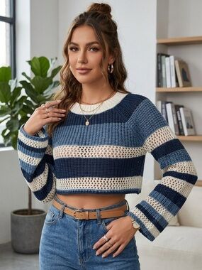 Striped Crochet Crop Sweater in Navy and Cream